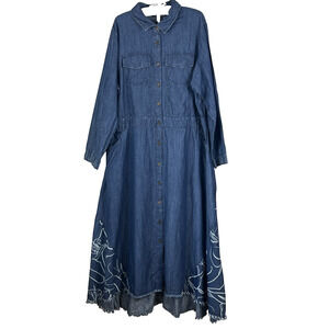 Ashley Stewart Maxi Dress 22 A-Line Denim Full Button Trendy Long Sleeve